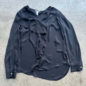 H&M Black Long Sleeve Cuffed Sleeve Blouse with Ruffled Detail